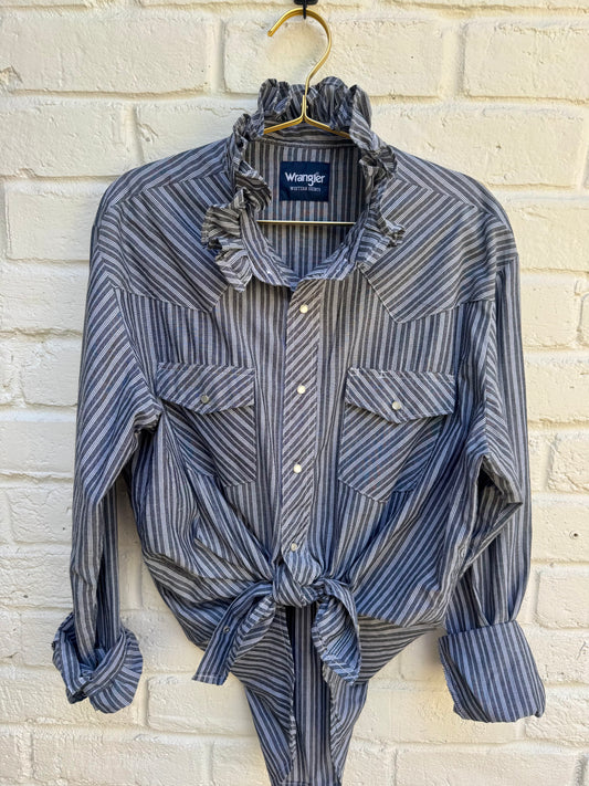 Revamped Vintage Wrangler Long Sleeve Striped Western Pearl Snap Shirt - Slate Gray & Ash Multi | Size S | Measures 20” across the chest