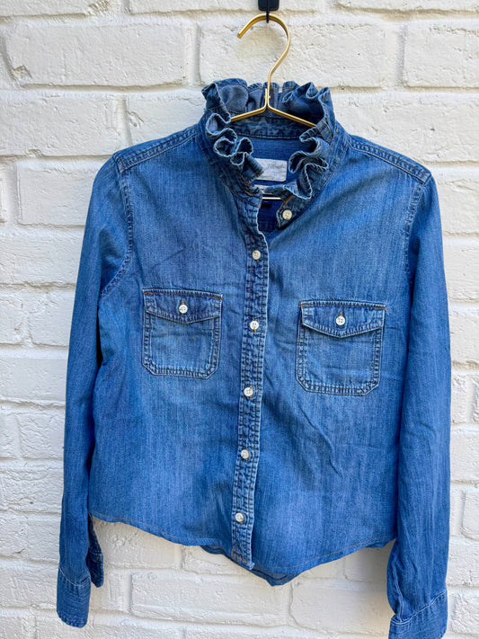 Revamped Vintage Universal Thread Cropped Denim Ruffle Shirt - Medium Wash Indigo| 19” pit to pit. 24” sleeve length