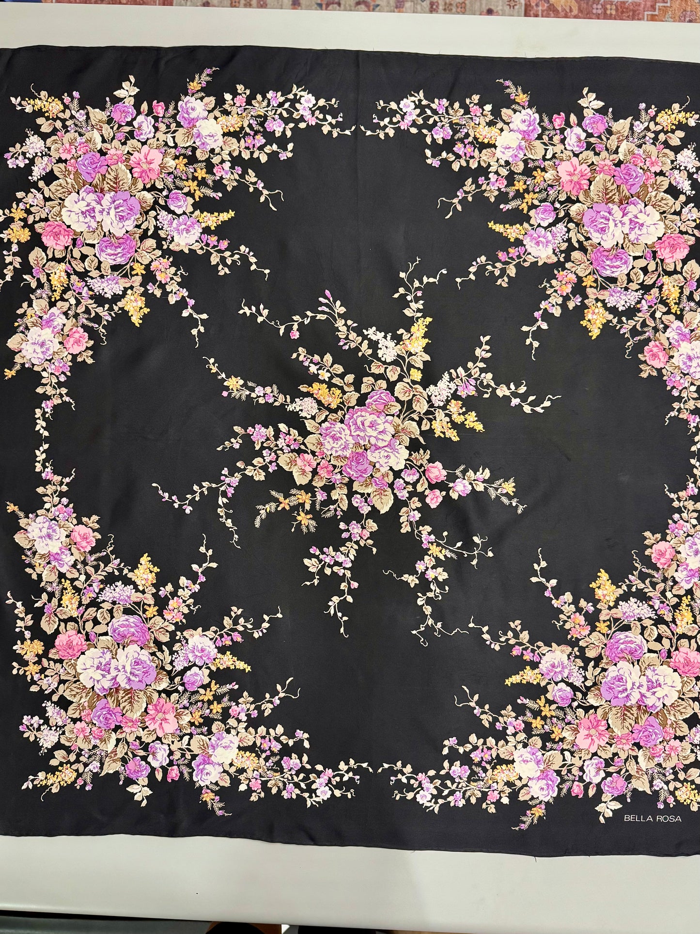 Bella Rosa Black Floral Silk Scarf – 30”