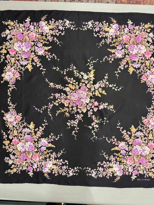 Bella Rosa Black Floral Silk Scarf – 30”