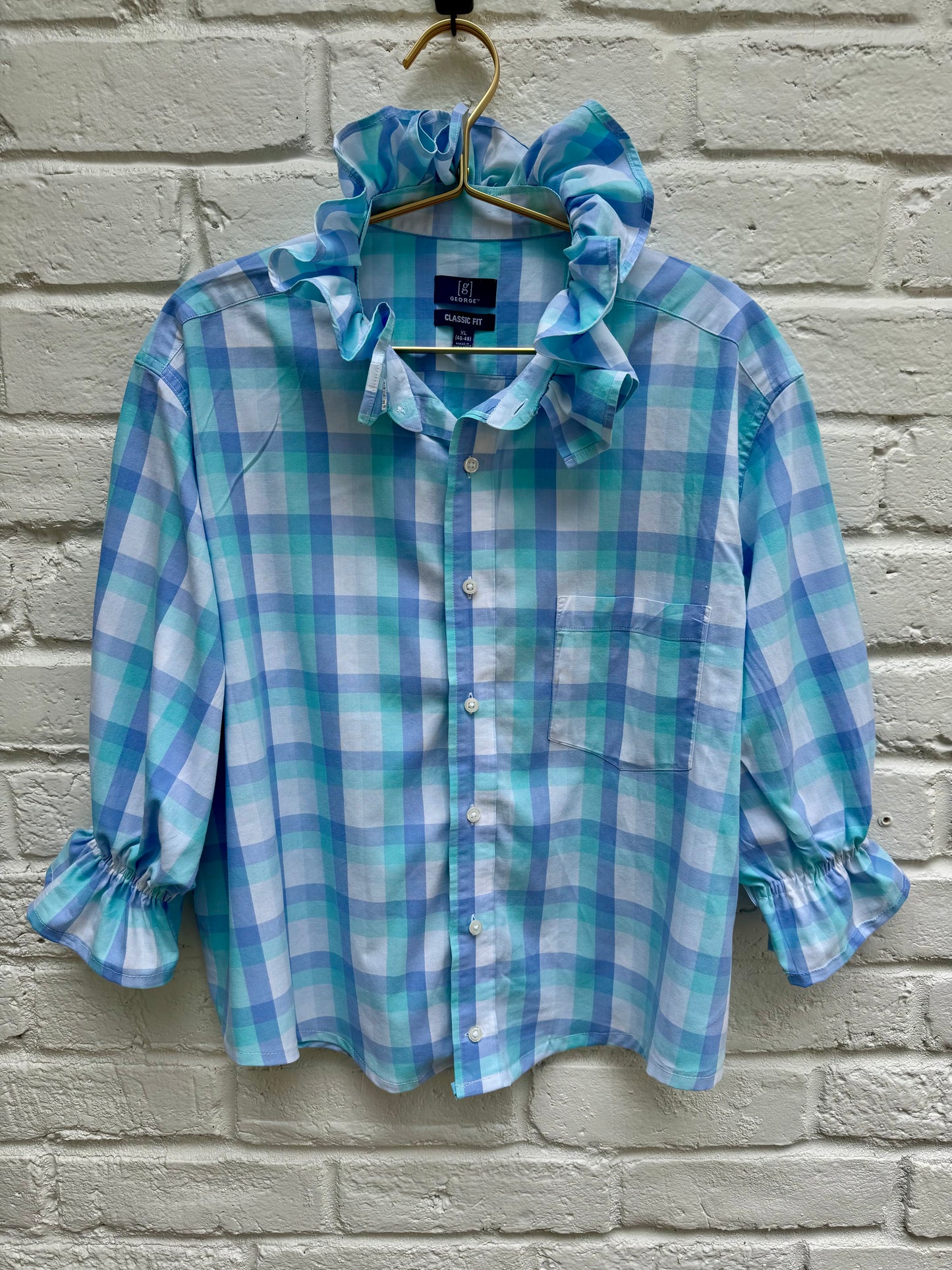 Upcycled Blue Plaid Ruffle Shirt – Women’s Western Reworked Button Down- Mens XL Chest: 26”