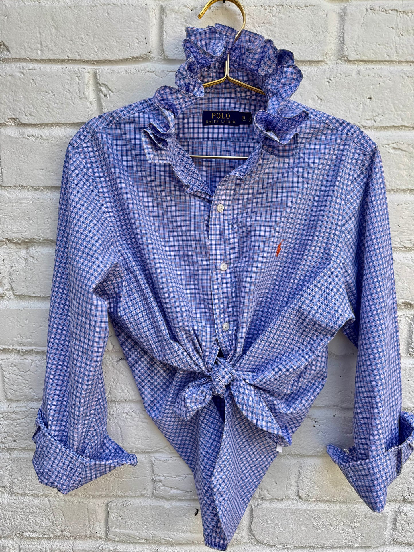 Upcycled Ralph Lauren Blue Plaid Ruffle Shirt – Women’s Reworked Button Down – Size 15 Chest: 21” Sleeves: 24”