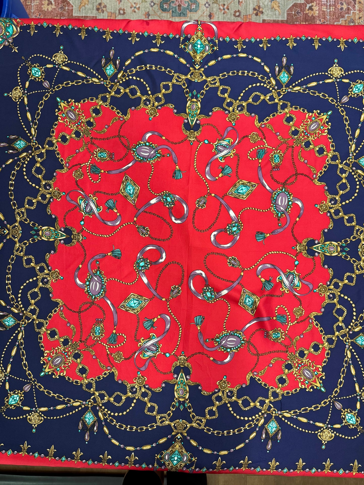Vintage Red & Navy Jeweled Chain Silk Scarf – 40”