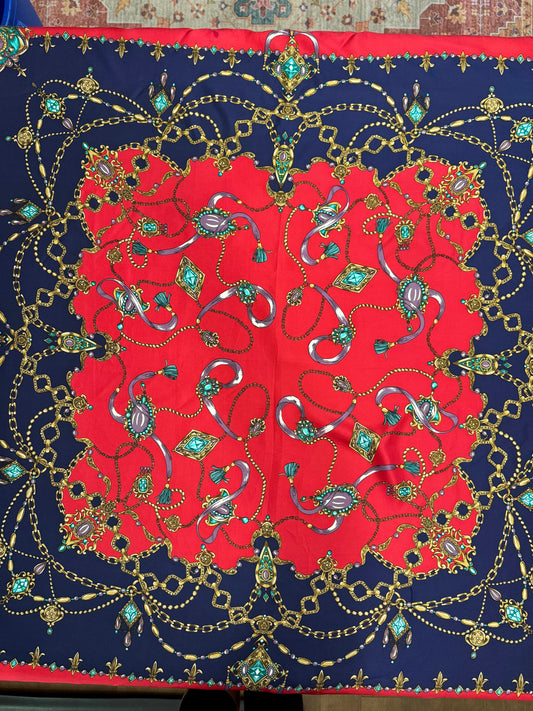 Vintage Red & Navy Jeweled Chain Silk Scarf – 40”