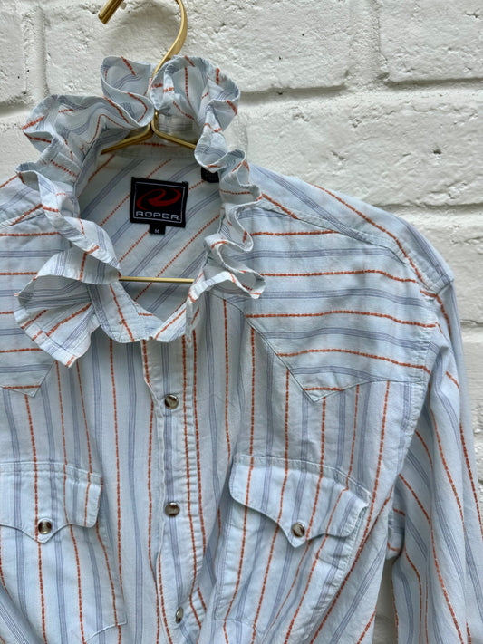 Vintage Roper Ruffle Neck Striped Western Pearl Snap Shirt – Light Blue & Orange [Size M] See description for chest and sleeve measurements.