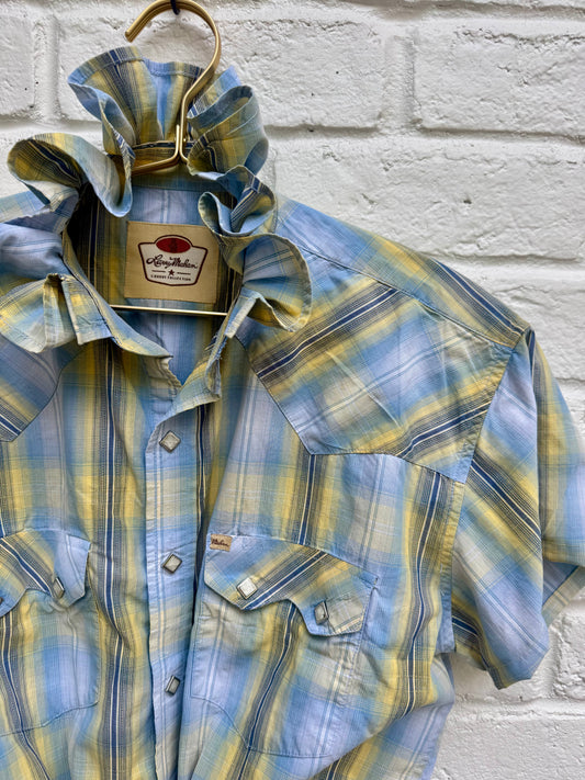 Vintage Larry Mahan Cowboy Collection Men’s Plaid Western Pearl Snap Shirt. Pit to Pit 21”