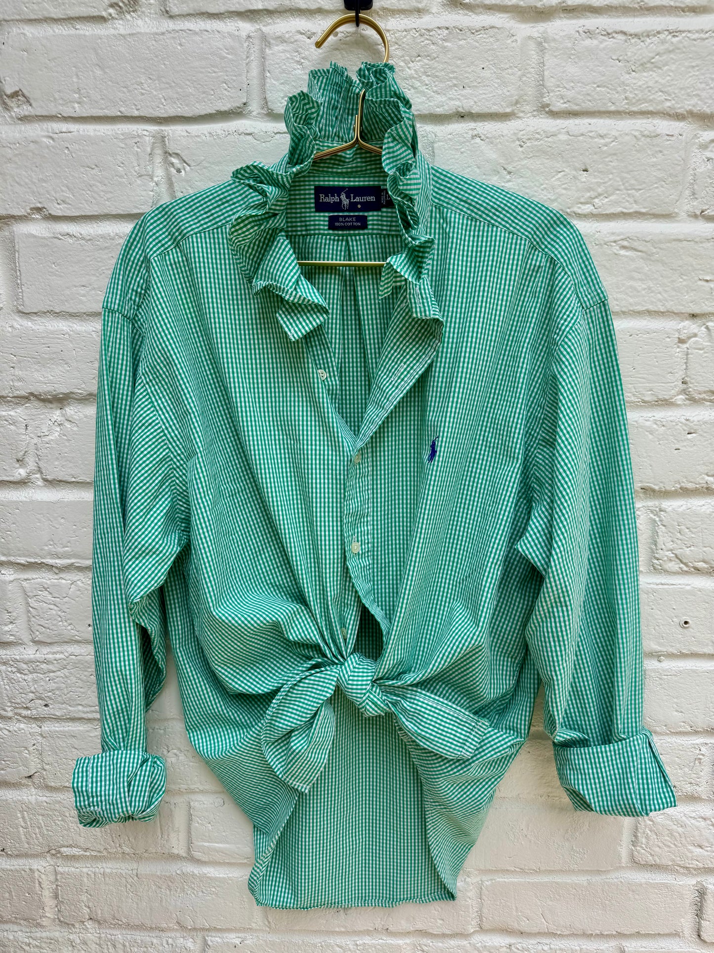Custom Ralph Lauren Green Gingham Shirt with Dramatic Statement Ruffle Neck- Size L. Measures 21” pit to pit. Sleeves measure 24”