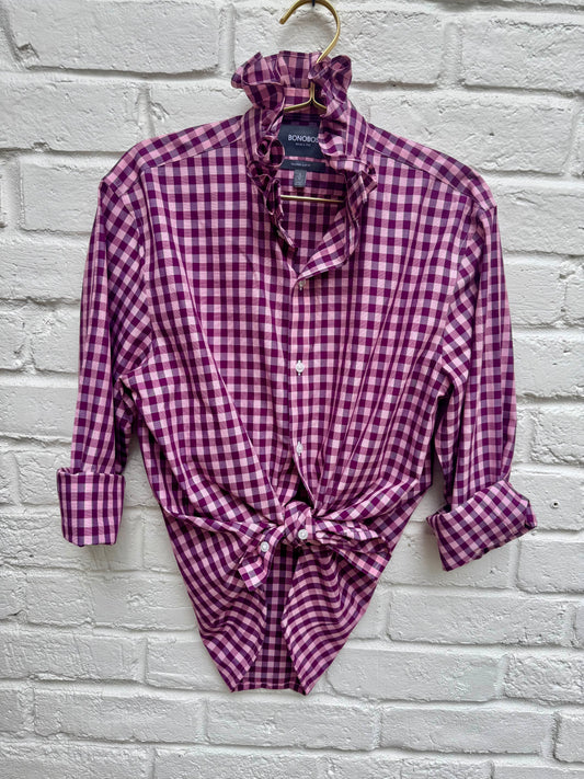 Upcycled Women’s Pink Gingham Ruffle Collar Button-Down Top| Size L