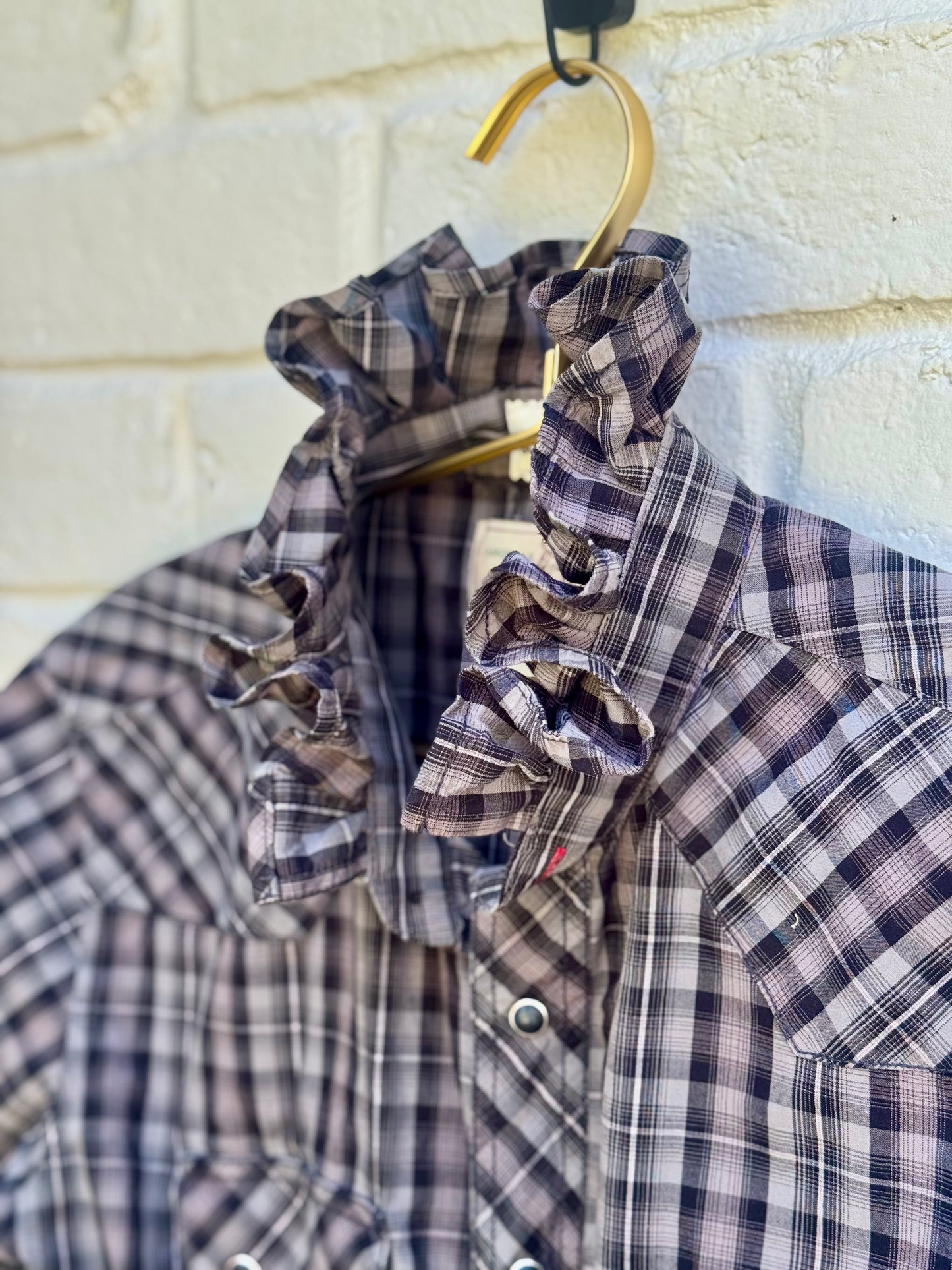 Revamped Vintage American Cowboy Short Sleeve Plaid Western Pearl Snap Shirt - Charcoal & Dark Brown Check| 21”’pit-pit
