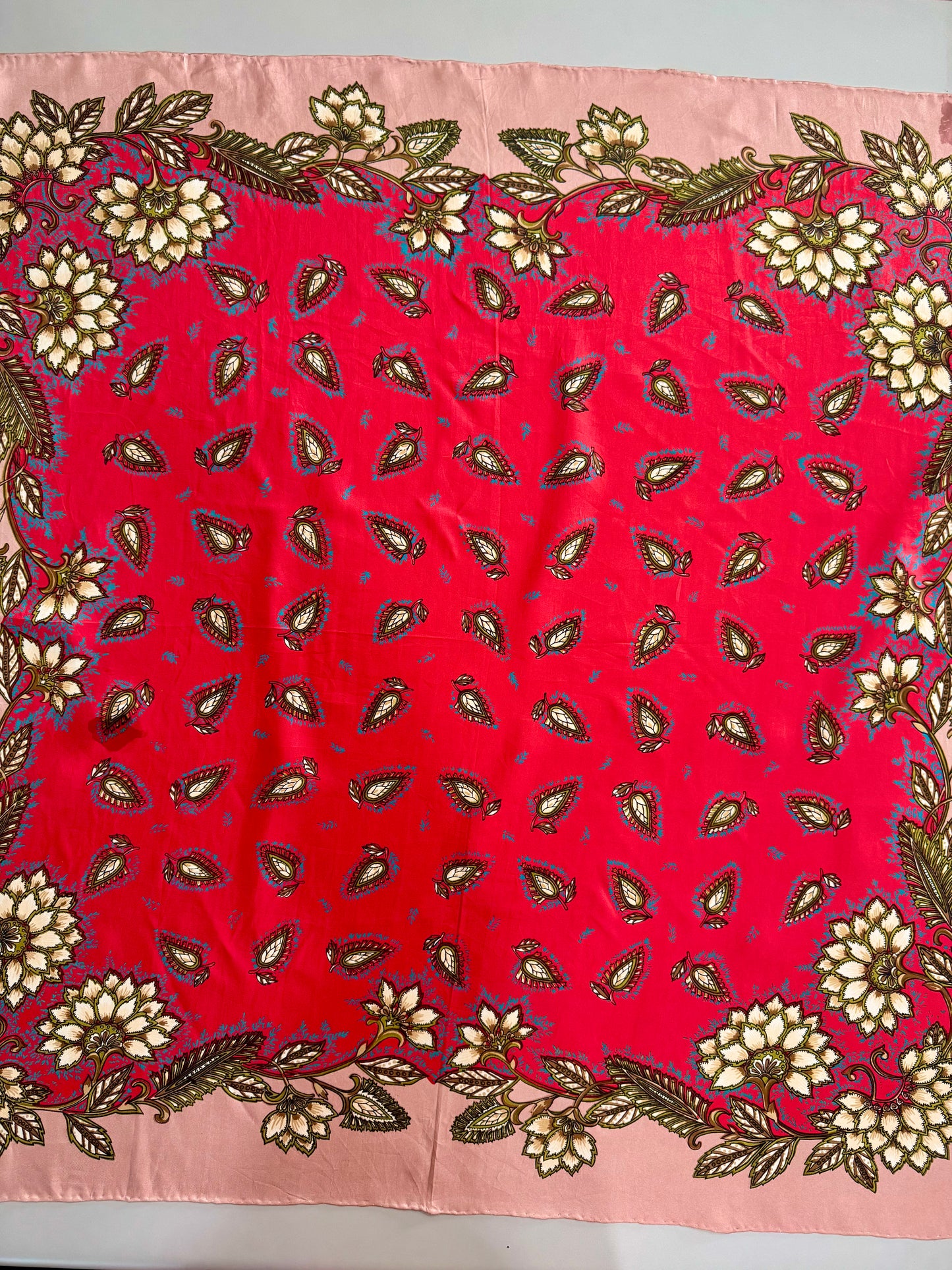 Vintage Silk Scarf | Raspberry Paisley & Blush Floral Border 35”