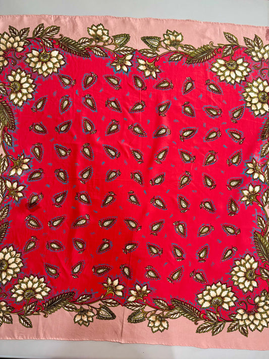 Vintage Silk Scarf | Raspberry Paisley & Blush Floral Border 35”