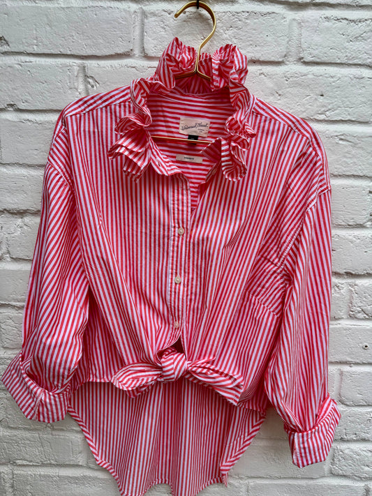 Universal Thread Ruffle Neck Striped Oversized Button Up Shirt – Salmon & White Candy Stripe- Ladies XXL. Sleeve length 22”