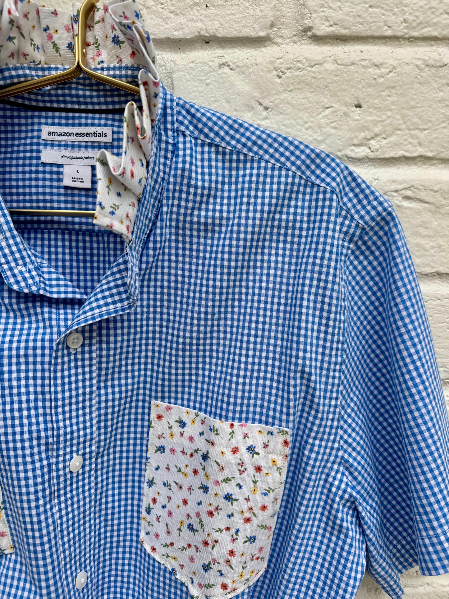 Upcycled Western Gingham Shirt with Floral Ruffle Collar and Pockets- Size L