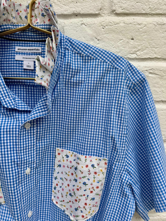 Upcycled Western Gingham Shirt with Floral Ruffle Collar and Pockets- Size L