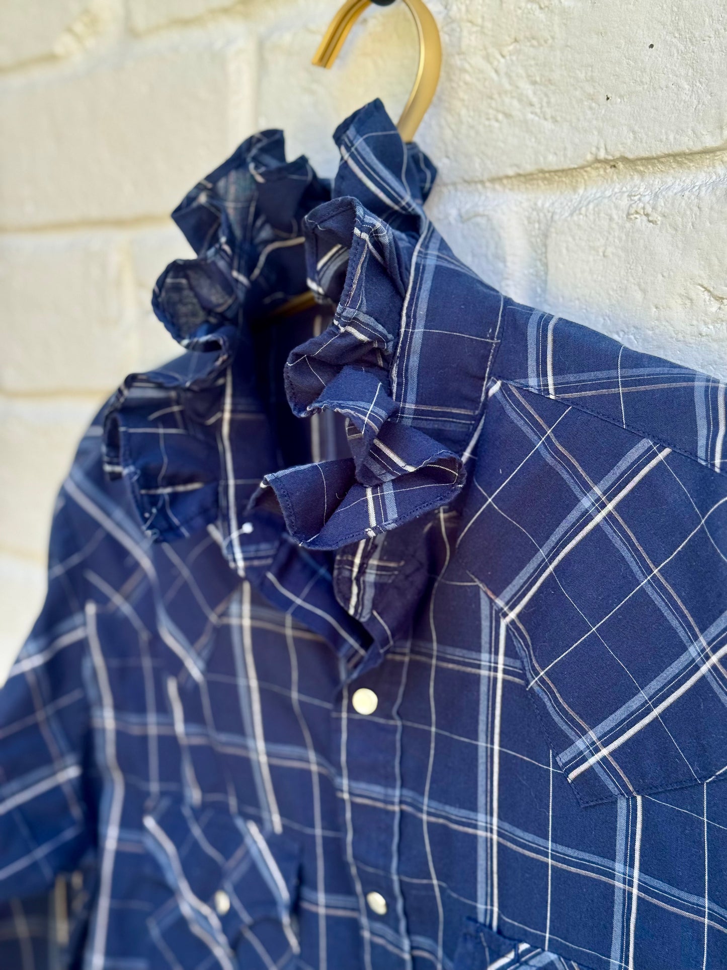 Revamped Vintage Plains Western Wear Long Sleeve Plaid Ruffle Shirt - Midnight Navy| Size S | measures 19” chest. 23” sleeve length