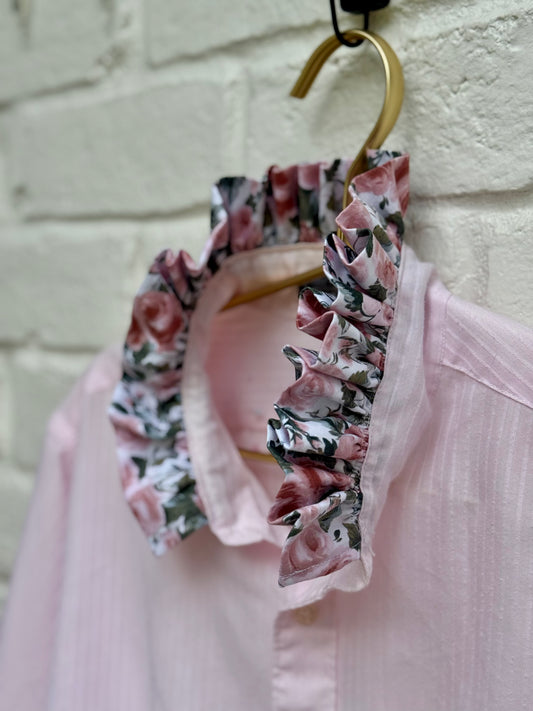 Repurposed Striped Blouse with Floral Pocket Detail| Size L