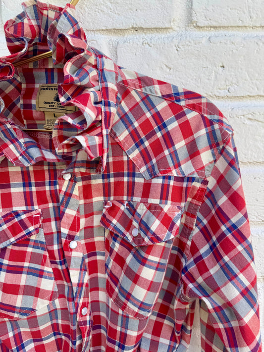 Revamped Vintage North Westblue Long Sleeve Plaid Ruffle Shirt - Americana Red & Royal Blue| Size L