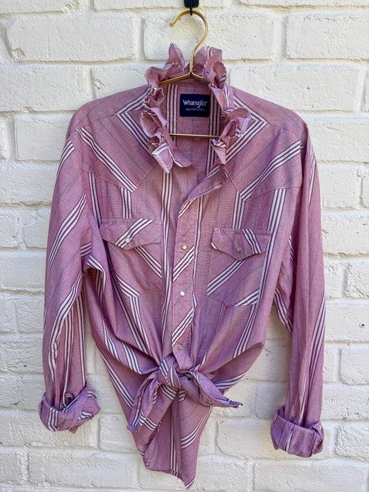 Revamped Vintage Wrangler Long Sleeve Striped Western Pearl Snap Shirt - Pastel Orchid & White| Size Long Tall | Measuring 24” pit-pit and 27” sleeves