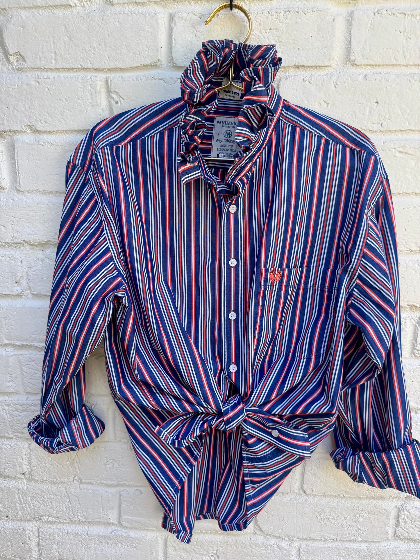 Revamped Vintage Panhandle Slim Long Sleeve Striped Western Shirt - Navy, Crimson Red & White| Size M. Measures 22.5” chest