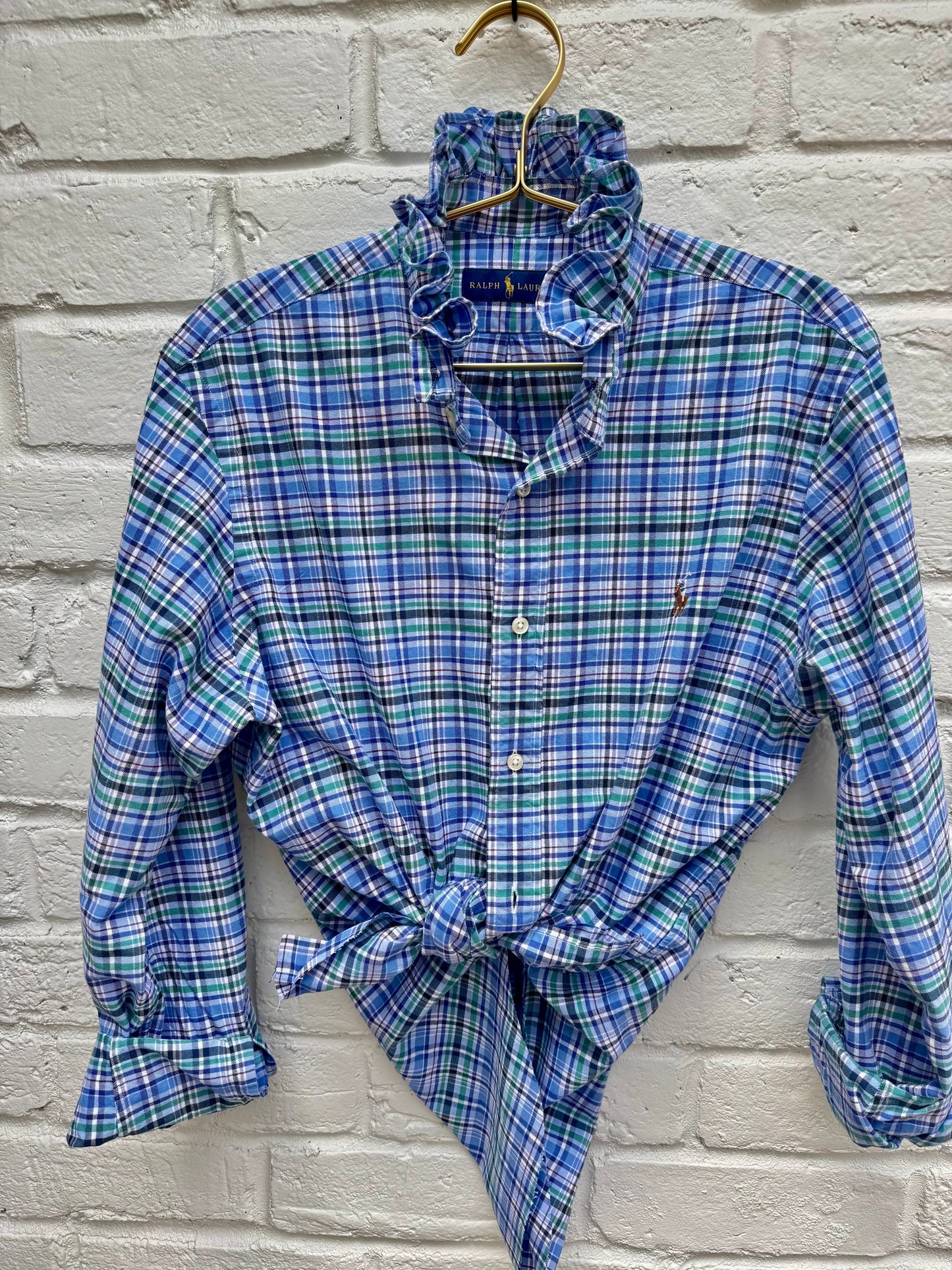 Upcycled Ralph Lauren Blue & Green Plaid Ruffle Shirt – Women’s Reworked Button Down Medium. Chest: 21” Sleeves: 24”