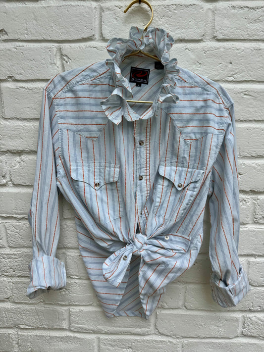 Vintage Roper Ruffle Neck Striped Western Pearl Snap Shirt – Light Blue & Orange [Size M] See description for chest and sleeve measurements.