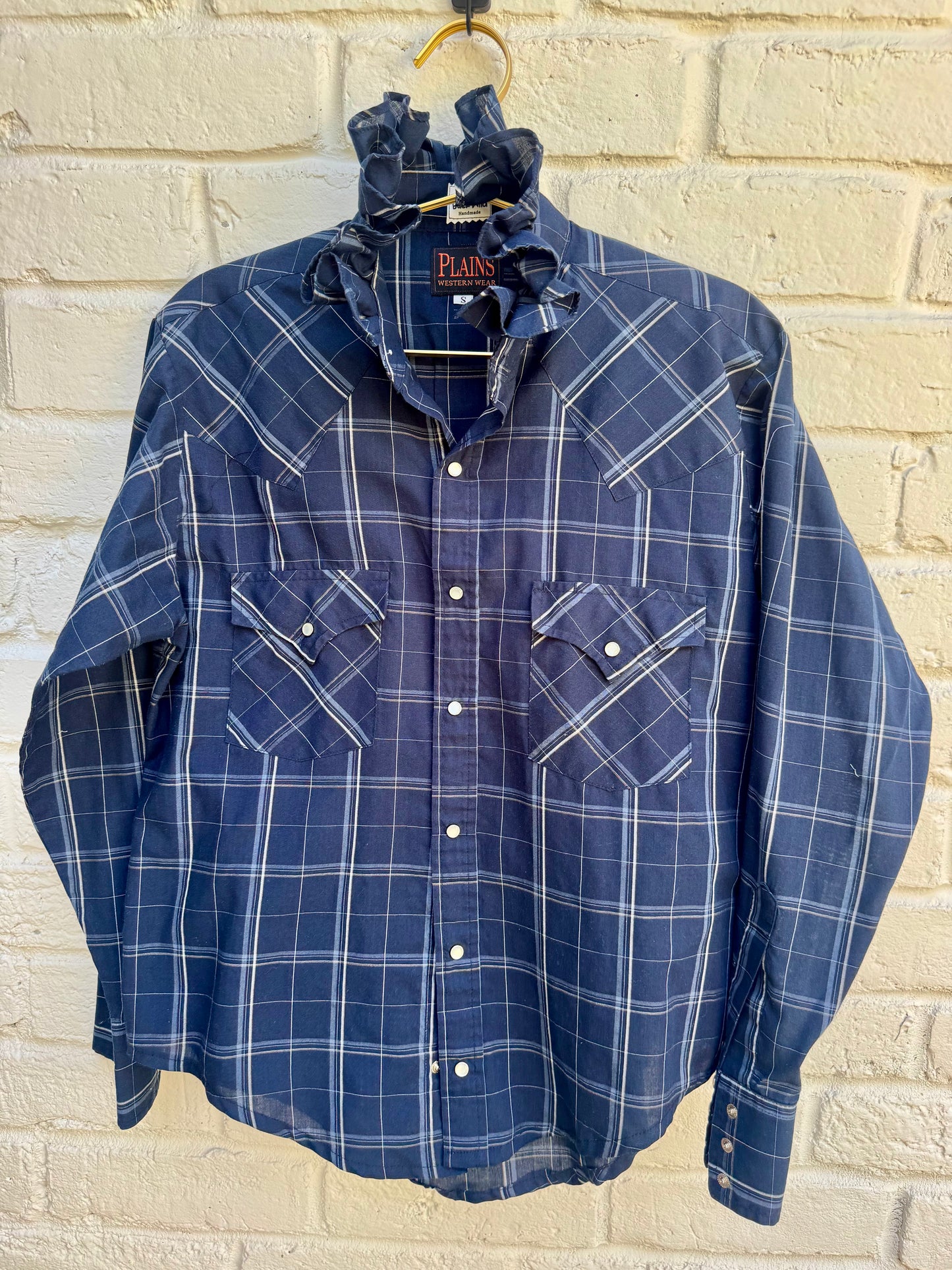 Revamped Vintage Plains Western Wear Long Sleeve Plaid Ruffle Shirt - Midnight Navy| Size S | measures 19” chest. 23” sleeve length