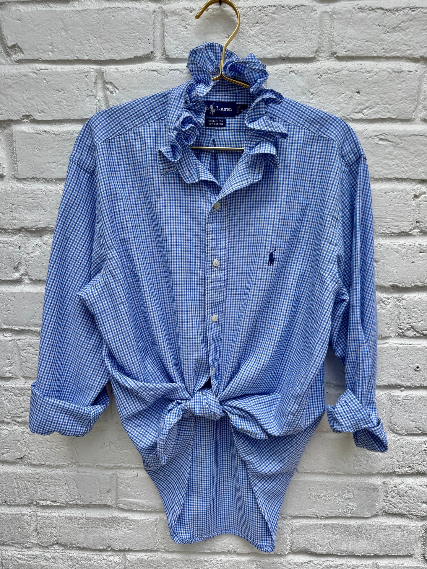 Upcycled Ralph Lauren Blue Gingham Ruffle Shirt – Women’s Reworked Button Down Size 15 1/2. Chest: 23” Sleeves 24”