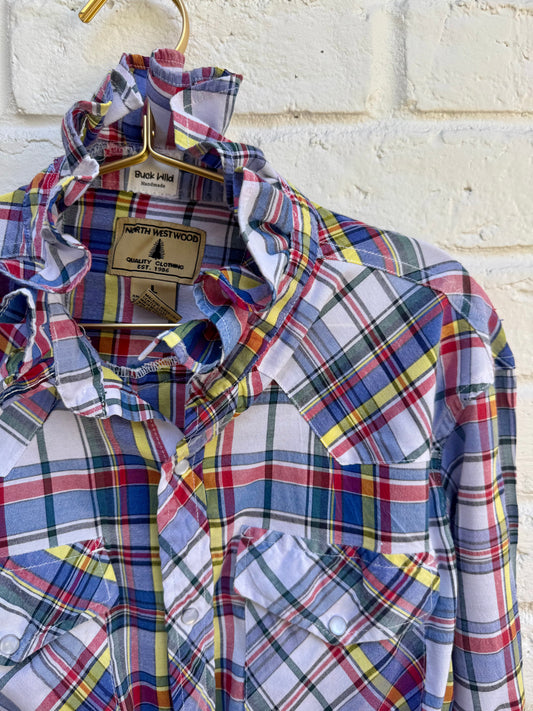 Revamped Vintage North Westblue Long Sleeve Plaid Ruffle Shirt - Rainbow Multi-Color & White| Size L