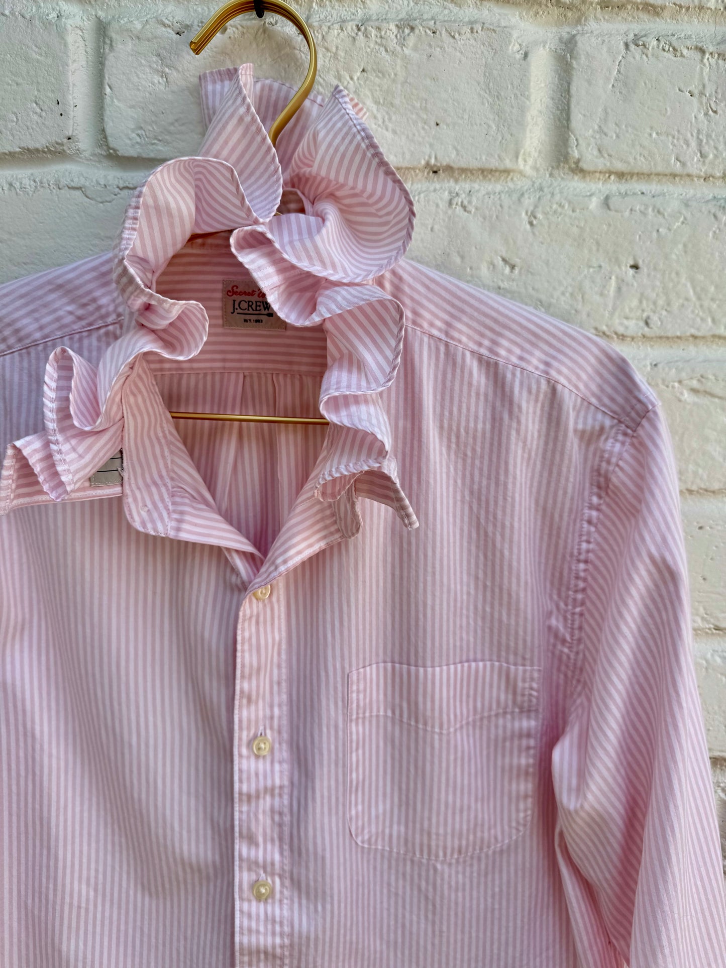 Upcycled J.Crew Pink Striped Ruffle Shirt – Women’s Reworked Button Down – Medium Chest: 20” Sleeves: 25”