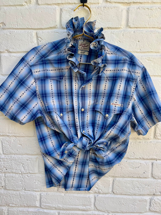 : Revamped Vintage Lucky Brand Short Sleeve Western Pearl Snap Shirt - Indigo Ombré & Ikat Stripe| Size L