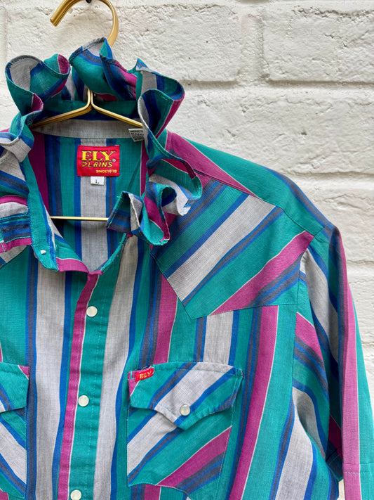 Vintage Ely Plains Striped Ruffle Collar Western Pearl Snap Shirt Teal Magenta L- Measures 24” pit to pit.