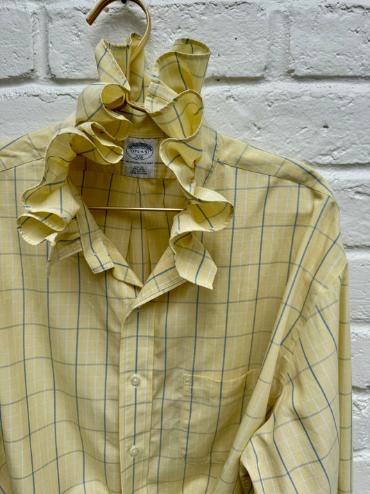 Vintage Brooks Brothers Ruffle Neck Windowpane Check Button Up Shirt – Pastel Yellow- Measures 27” from pit to pit. 24” sleeves.