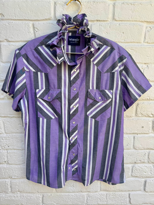 Revamped Vintage Wrangler Short Sleeve Striped Western Pearl Snap Shirt - Amethyst Purple & Charcoal| Size Long Tall | Measures 25” pit-pit. Please see photos for some damage!