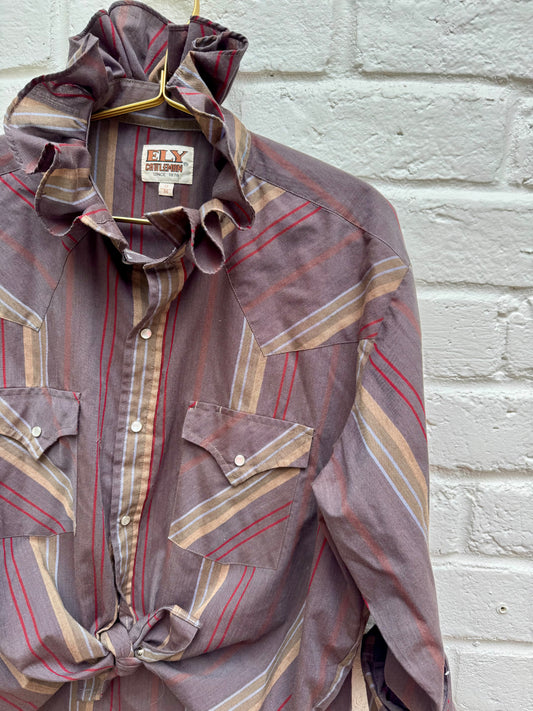 Reworked Ely Cattleman Vintage Ruffled Striped Western Pearl Snap | Size L/XL | Measures 23” across