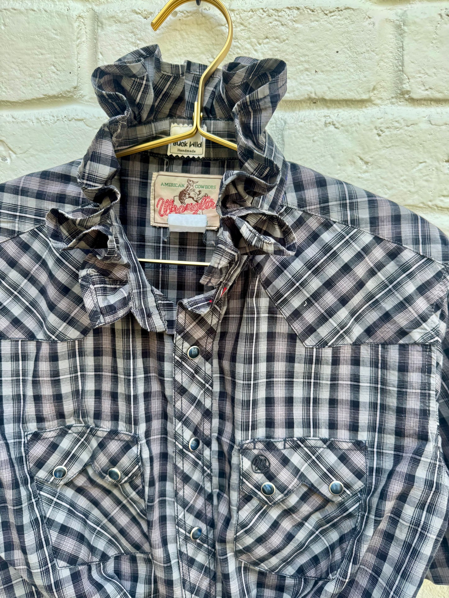 Revamped Vintage American Cowboy Short Sleeve Plaid Western Pearl Snap Shirt - Charcoal & Dark Brown Check| 21”’pit-pit