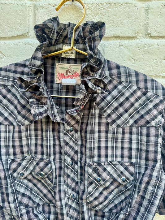 Revamped Vintage American Cowboy Short Sleeve Plaid Western Pearl Snap Shirt - Charcoal & Dark Brown Check| 21”’pit-pit