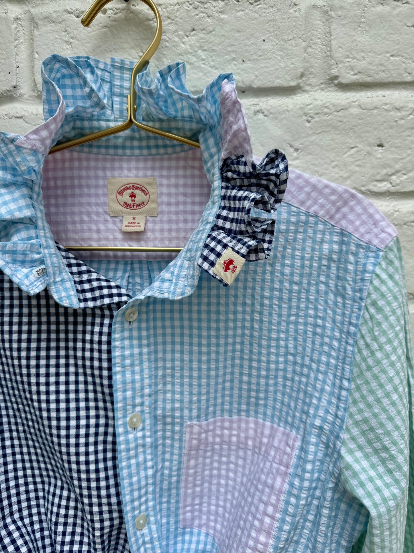 Brooks Brothers “Red Fleece” Ruffle Neck Patchwork Gingham Seersucker Shirt – Multi Pastel [Size S] Measures 19.5” pit to pit. 24” sleeves.