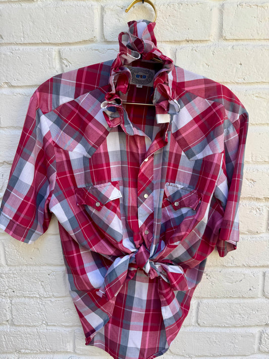 Revamped Vintage GTS Short Sleeve Western Pearl Snap Shirt - Crimson Red & Slate Gray Plaid| Size 17| Large. 24” pit-pit