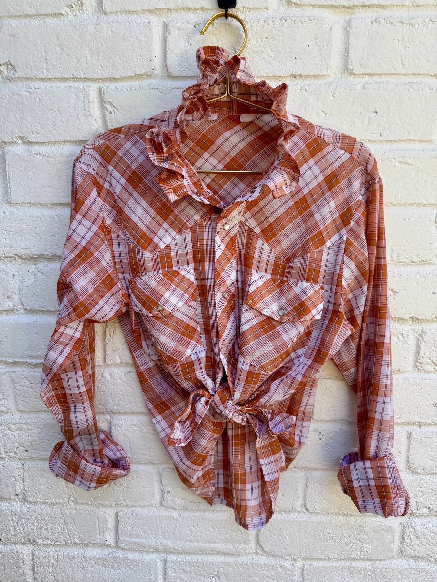 Revamped Vintage Long Sleeve Plaid Ruffle Western Pearl Snap Shirt - Terracotta Orange & Cream| Measures 19” at the chest. 24.5” sleeves.