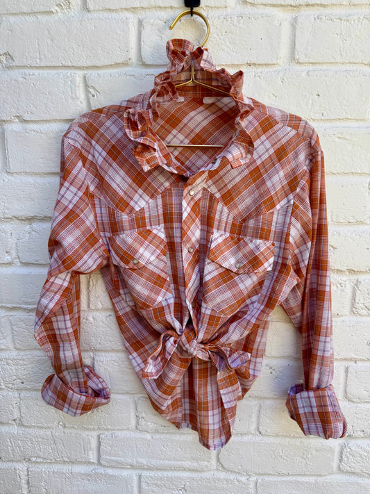 Revamped Vintage Long Sleeve Plaid Ruffle Western Pearl Snap Shirt - Terracotta Orange & Cream| Measures 19” at the chest. 24.5” sleeves.