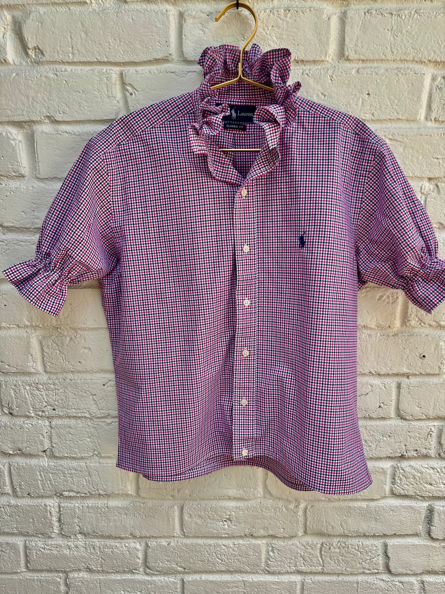 Upcycled Ralph Lauren Pink Plaid Ruffle Shirt – Women’s Short Sleeve Reworked Button Down – Small. Chest: 21”