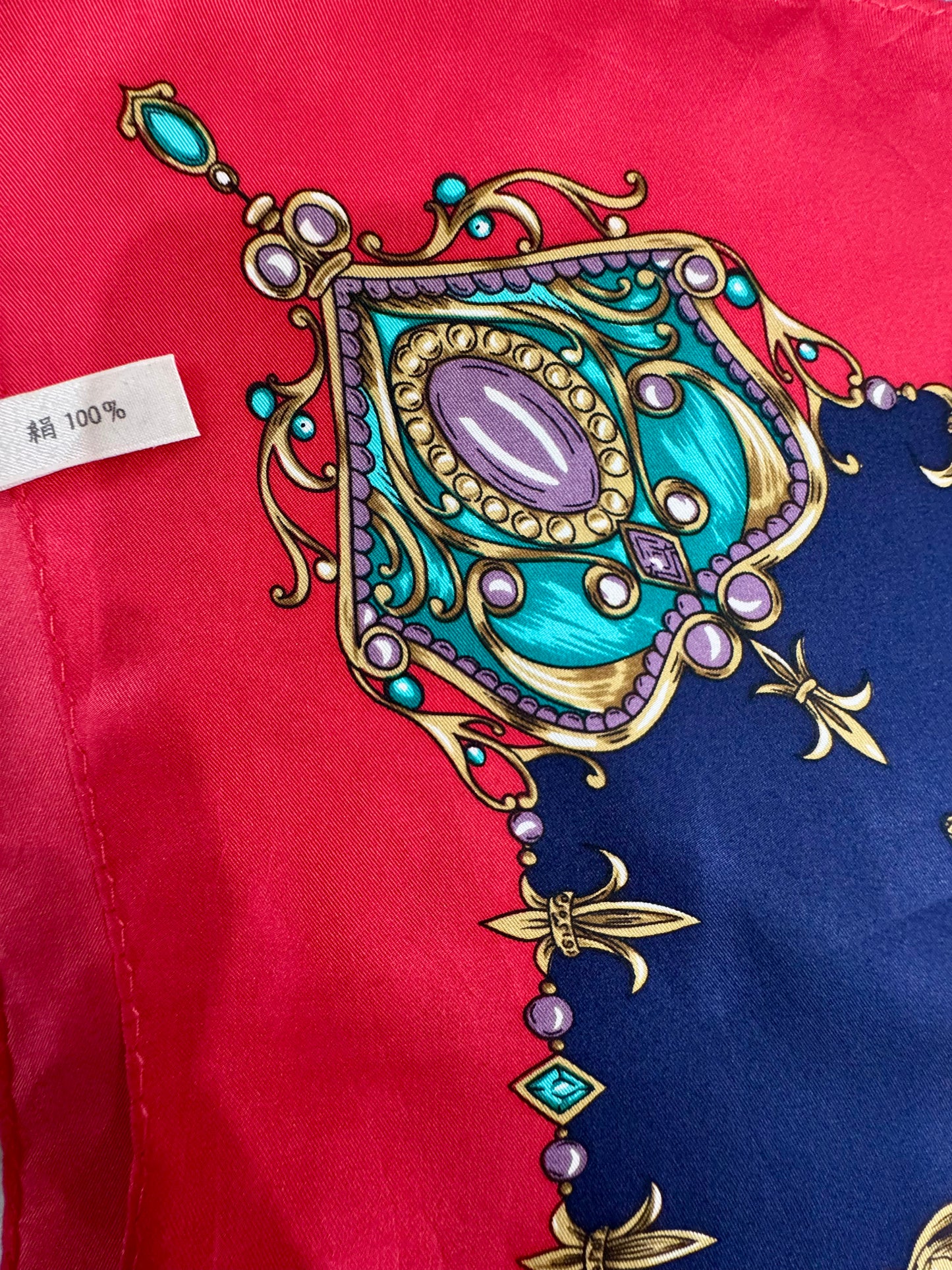 Vintage Red & Navy Jeweled Chain Silk Scarf – 40”