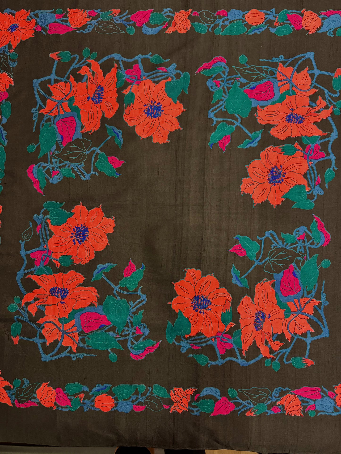 Vintage Autumn Bloom Silk Scarf – Orange & Teal – 35”