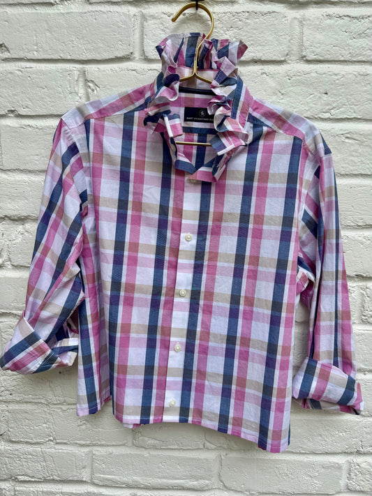 Repurposed Plaid Ruffle Collar Cropped Top| Size S