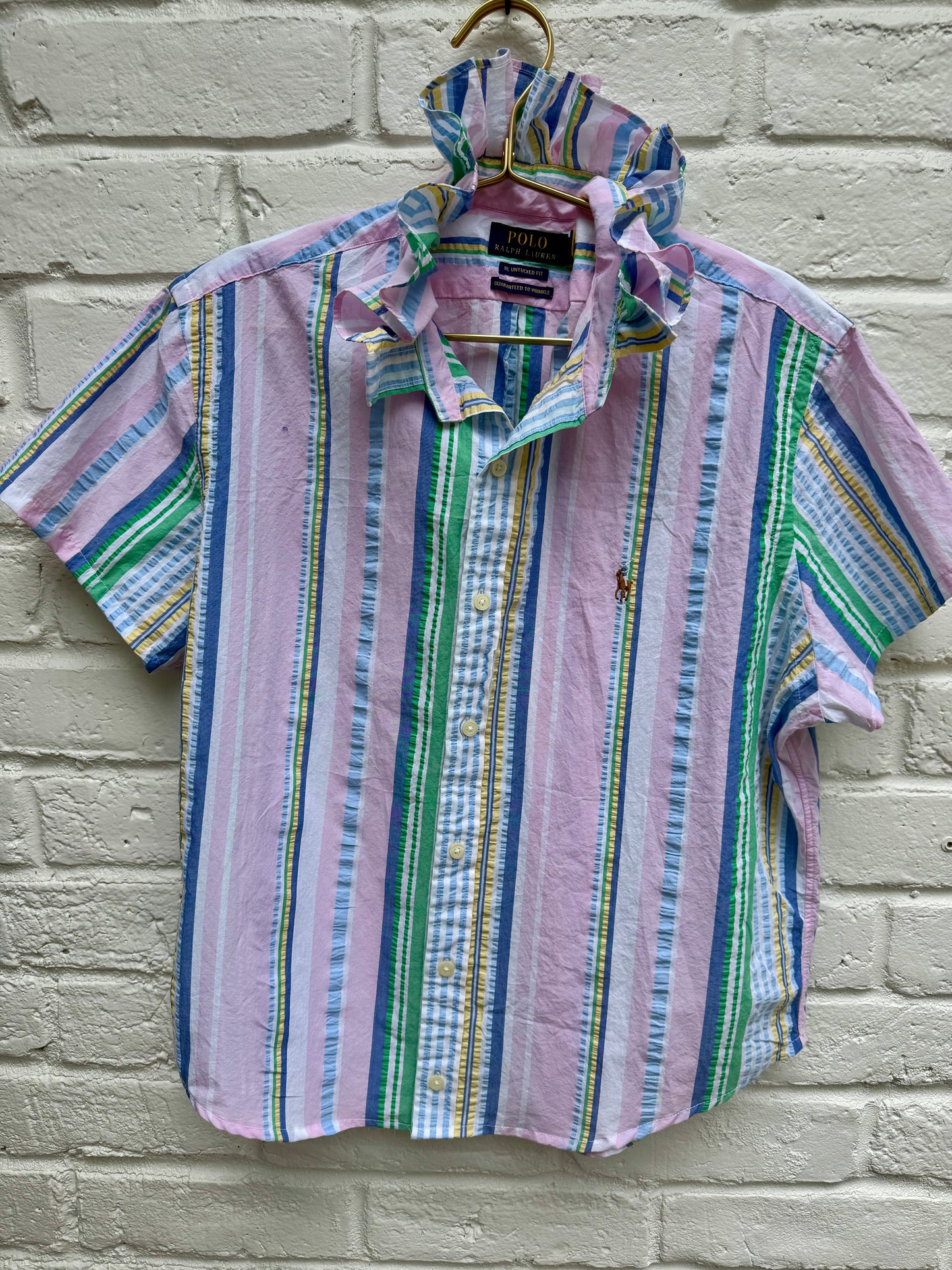 Polo Ralph Lauren Pastel Multi Stripe Ruffle Collar Custom Short Sleeve Shirt M- measures 24” Pit to Pit.