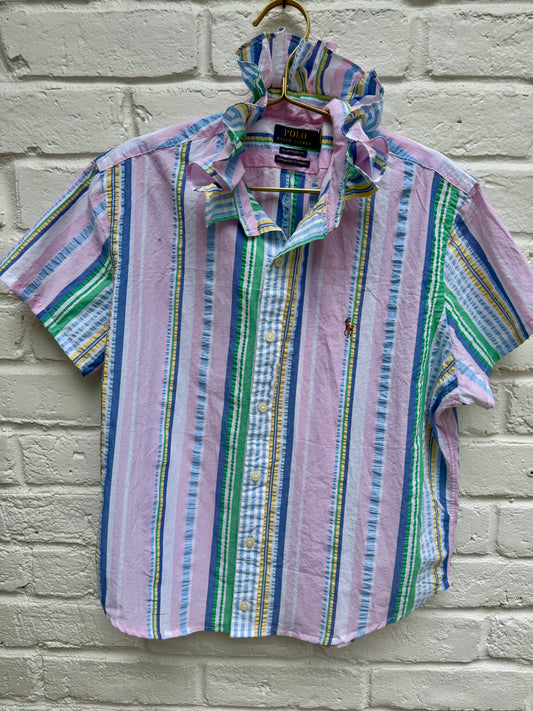 Polo Ralph Lauren Pastel Multi Stripe Ruffle Collar Custom Short Sleeve Shirt M- measures 24” Pit to Pit.