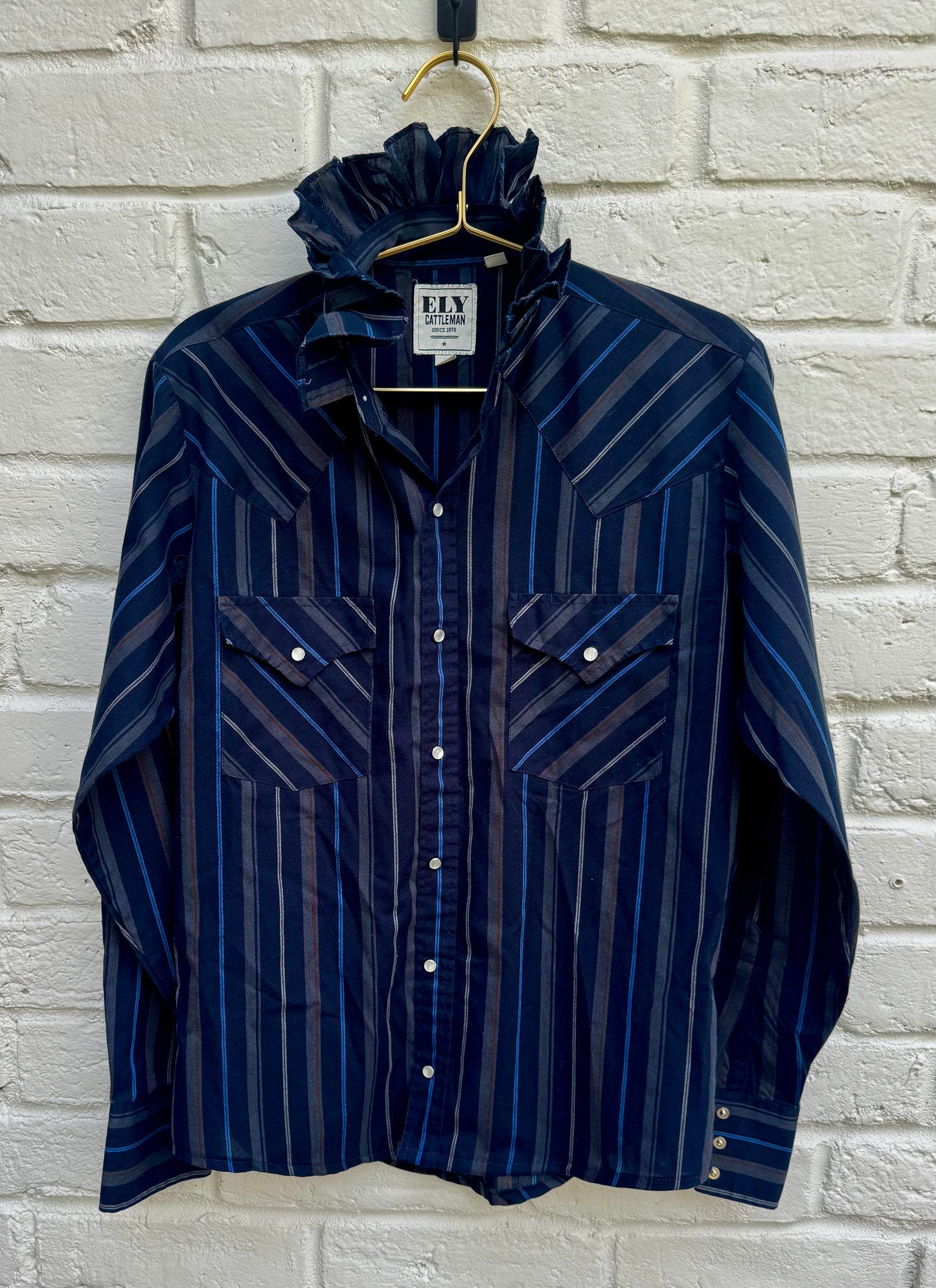Upcycled Ely Cattleman Western Pearl Snap Shirt – Women’s Navy Striped Ruffle Button Down Chest:21” Sleeves: 24”