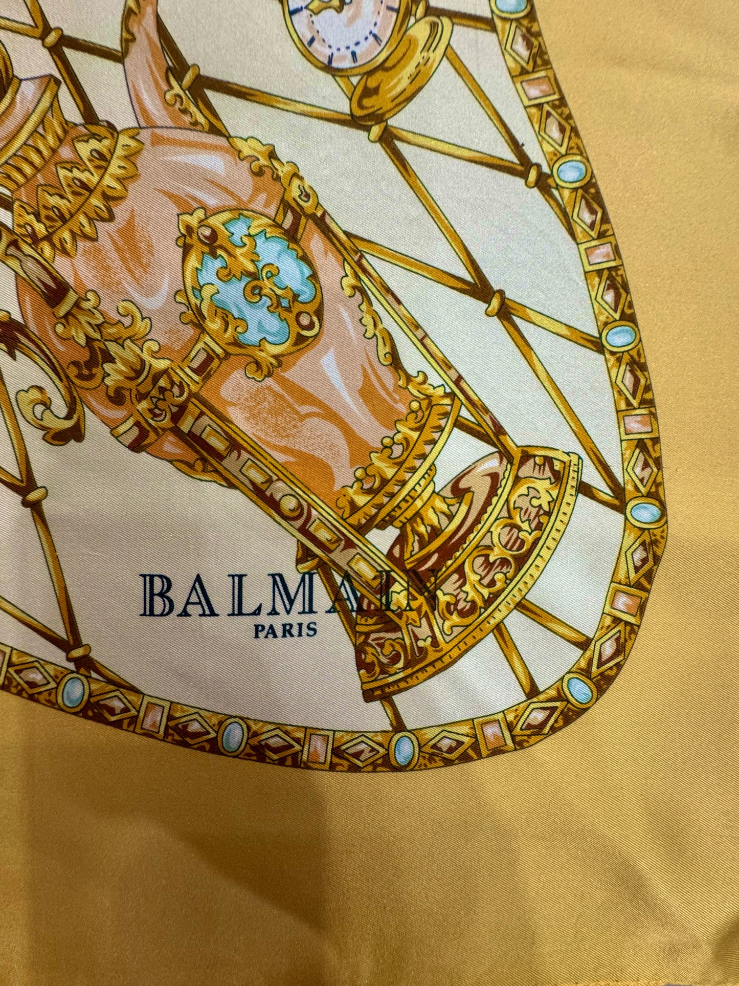 Vintage Balmain Paris 100% Silk Scarf | Golden Honey & Turquoise | 35” Square
