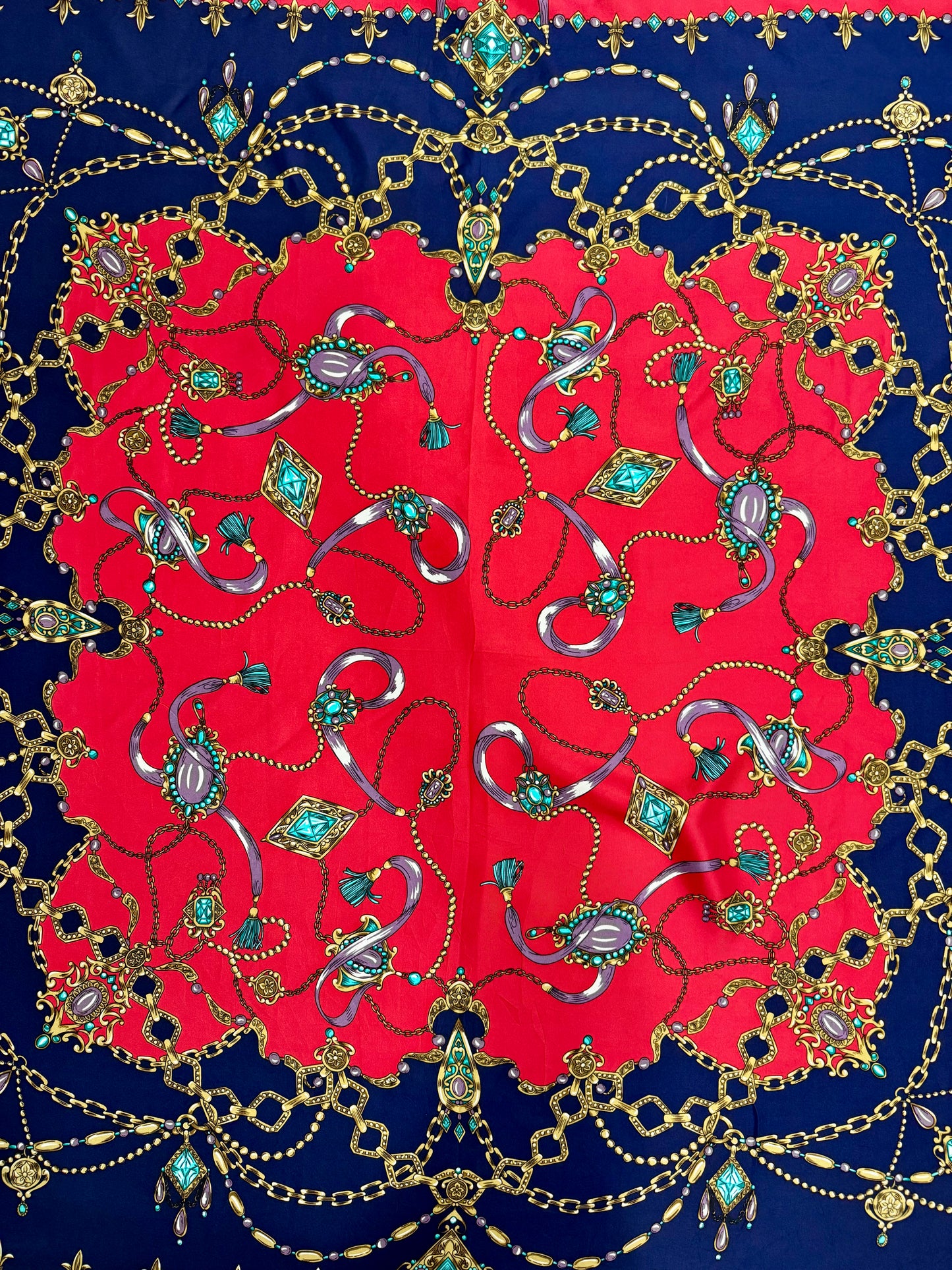 Vintage Red & Navy Jeweled Chain Silk Scarf – 40”