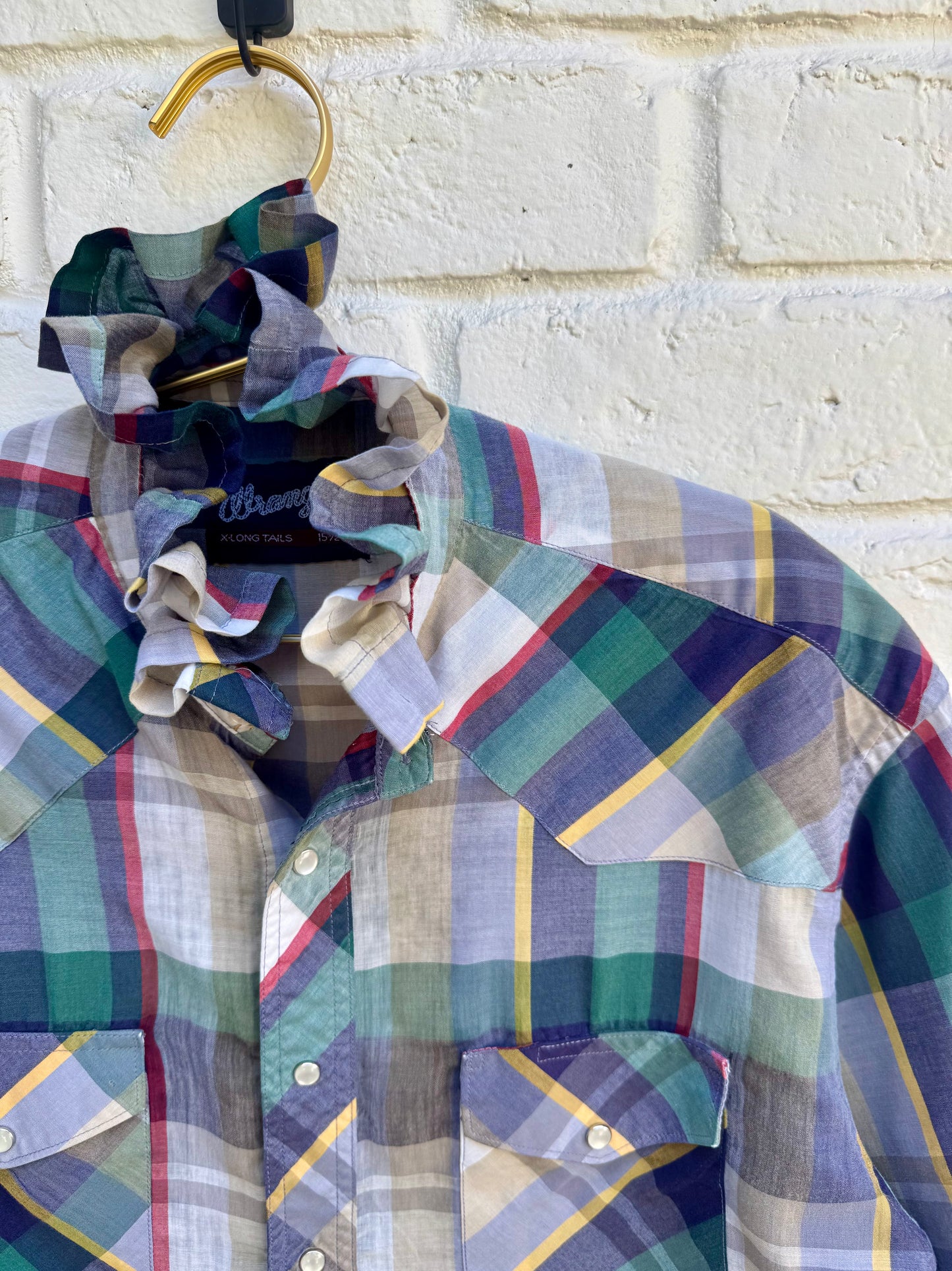 Revamped Vintage Wrangler Plaid Crop Ruffle Western Pearl Snap Shirt - Earthy Green & Yellow Multi- Size M| Measures 20” Pit to Pit